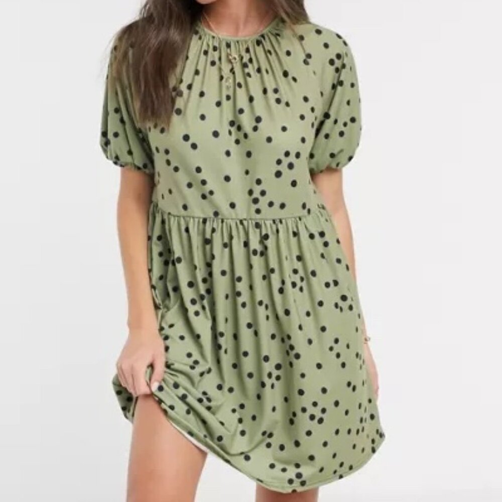 ASOS DESIGN mini smock dress with gathered neck in khaki spot print